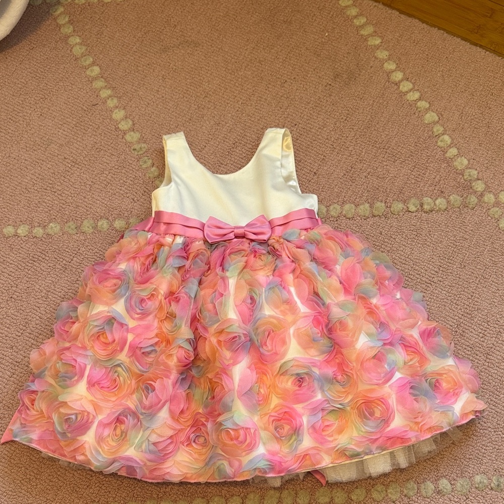 American Princess Multicolor Floral Dress with Pink Bow
